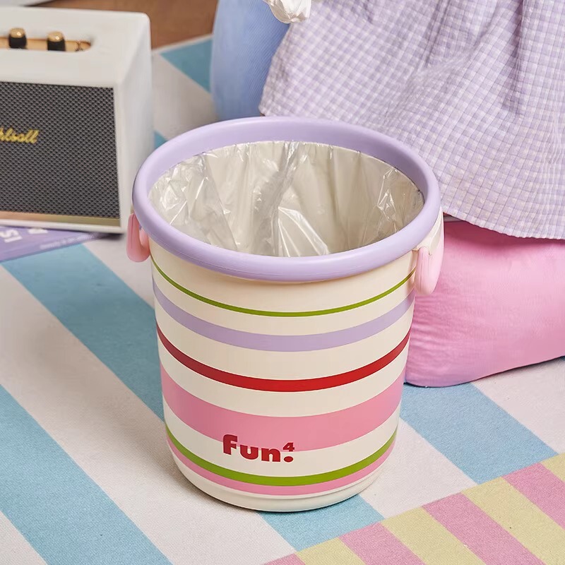 Dopamine Trendy Colorful Striped Fun Trash Can with Candy-Colored Double Handles and Press Ring