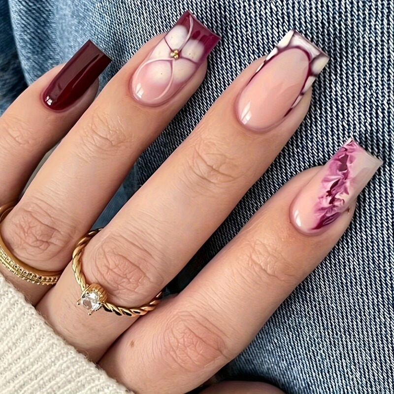 Cross-border hot sale set of 24 pieces of wine red stitching hand-painted flower nail art fake nails wholesale exquisite and elegant design