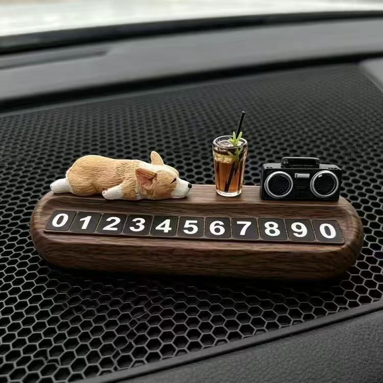 Cute Corgi Car Parking Number Plate, Luxurious Wood Grain Car Interior Temporary Parking Number Plate, Car Moving Number Retainer