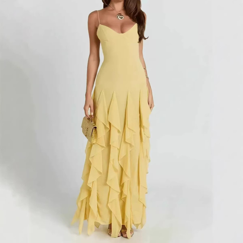 Sunshine Bright Foreign Trade Hot Style Versatile Ins-Style Irregular Hem Slim Fit Sexy Long Dress with Straps