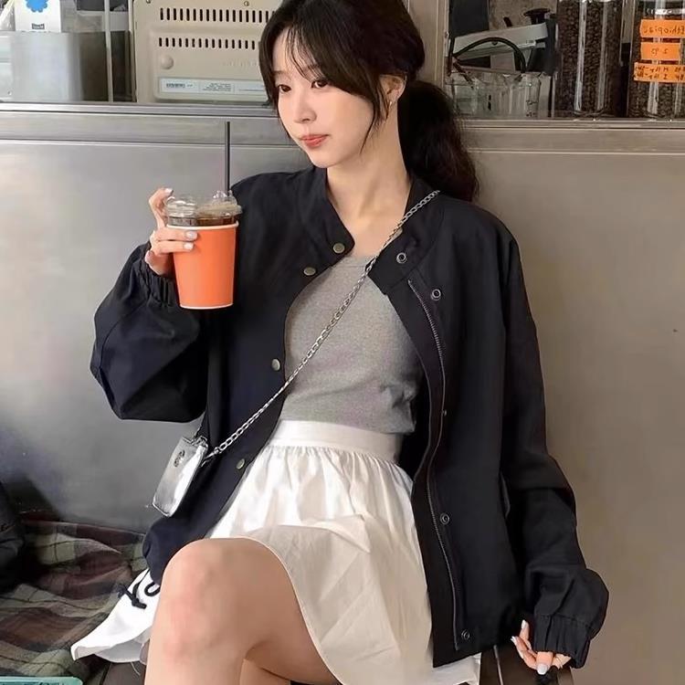 韩国chic秋季小众百搭立领暗扣宽松休闲小个子长袖拉链夹克外套女