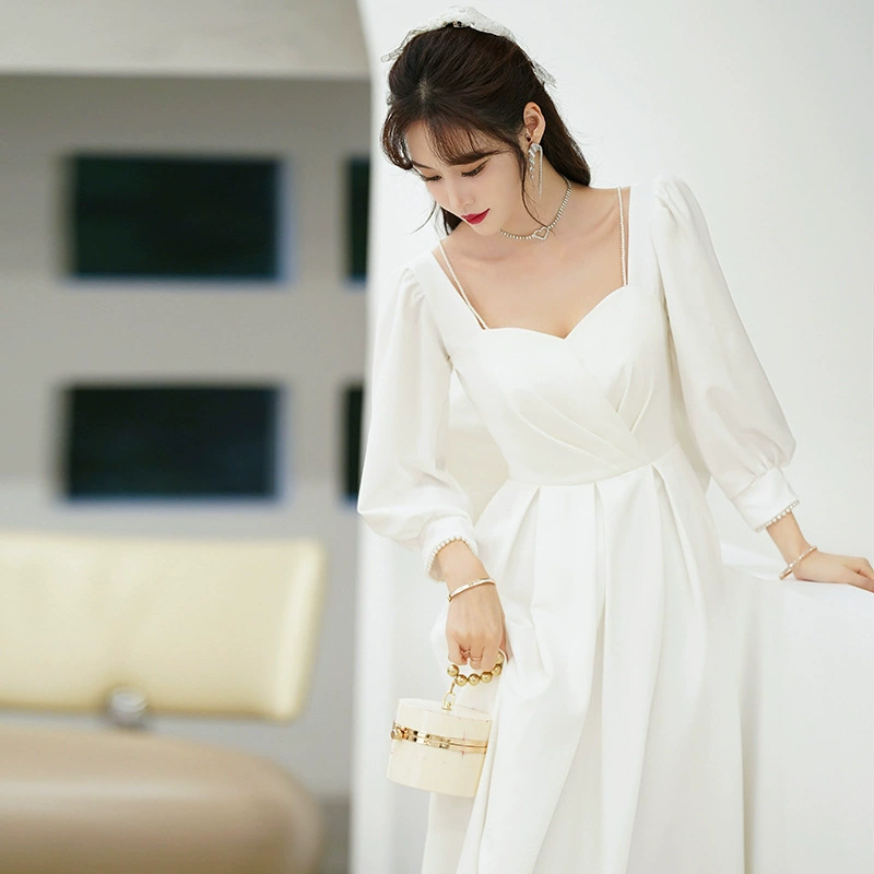 White evening dress, spring long-sleeve