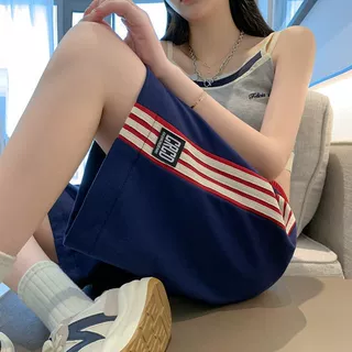 韩版高街复古侧边条纹休闲短裤女夏季新款宽松百搭藏青色运动裤