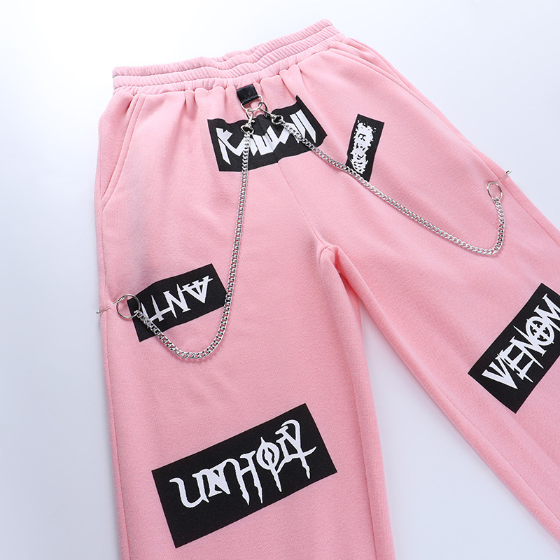 High Waist Letter Print Chain Decorated Sweatpants NSGYB97803