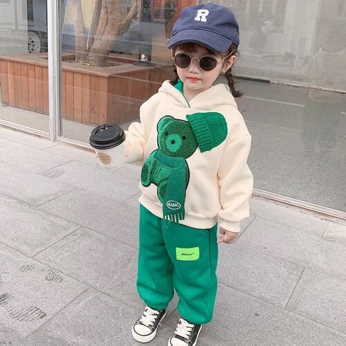 Children's Bear Set Autumn Korean Version New Baby Hooded Sweatshirt Trendy Cool Stylish and Charming Street Style Two-Piece Set