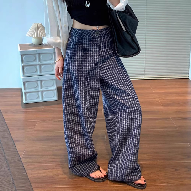 Island Bubble Cotton Plaid Pants for Women 2026 Summer Thin Style Lazy Relaxed Wide-Leg Pants Casual Scythe Pants