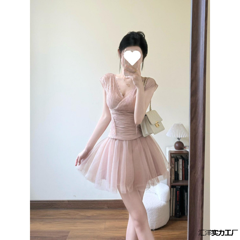 女性用の美しい夏の小さなスーツ、新しいホットガール、甘い気質のレースのトップスとメッシュのハーフスカートのセット|undefined