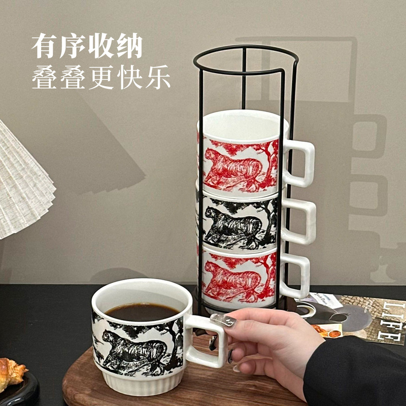 复古陶瓷水墨画咖啡杯高颜值套装杯架收纳马克杯创意办公室喝水杯|undefined