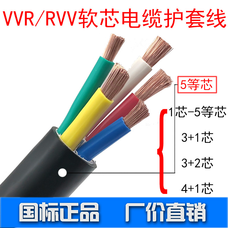 国标VVR铜线三相四线电缆2345芯461016平方户外铜软电线低烟无卤