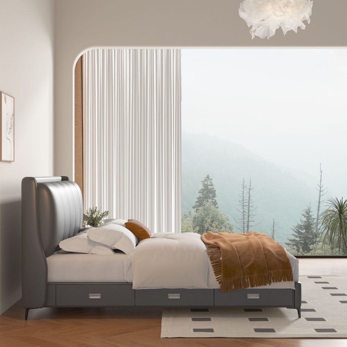 Cama doble tapizada de estilo italiano nórdico de fábrica, simple y versátil, con tres cajones, cama multifuncional de madera maciza con almacenamiento.
