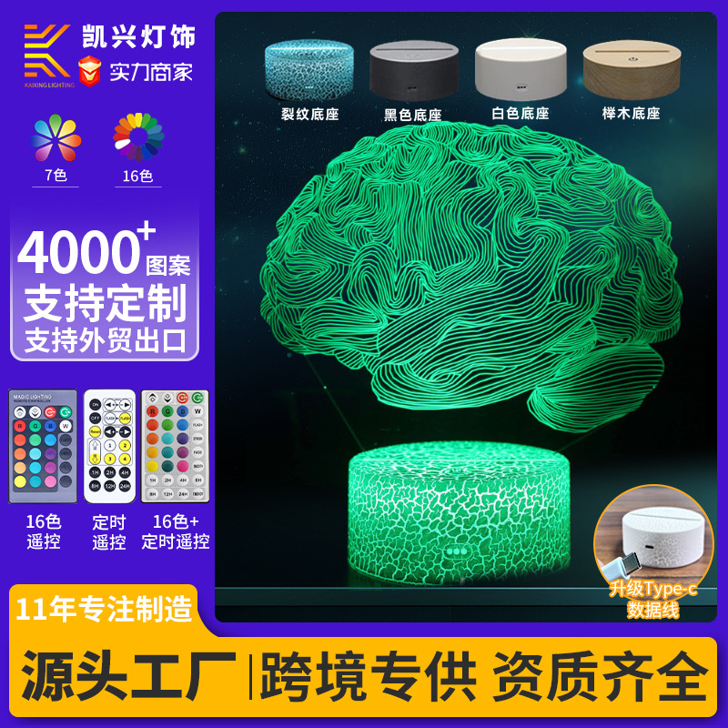 跨境专供抽象大脑器官系列3D台灯 LED七彩触摸遥控创意礼品小夜灯
