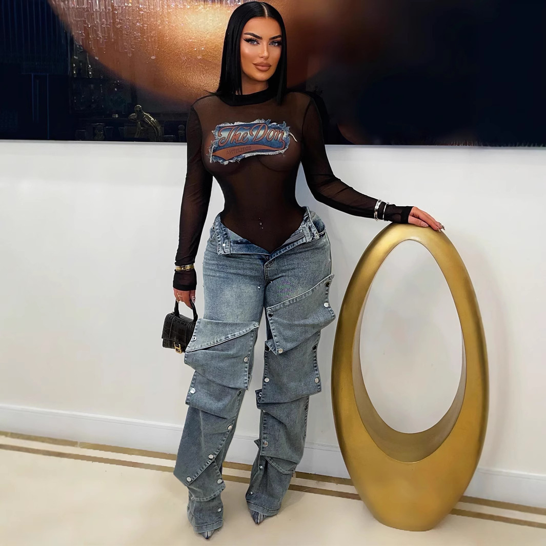 European and American Autumn and Winter New European and American Women's Fashion Nail Buckle Denim Decorative Loose Denim Trousers