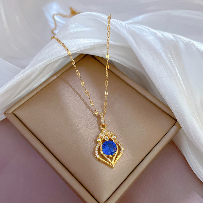Damen Wassertropfen Halskette Mit Edelstein Aus Edelstahl Gold_voghion.com