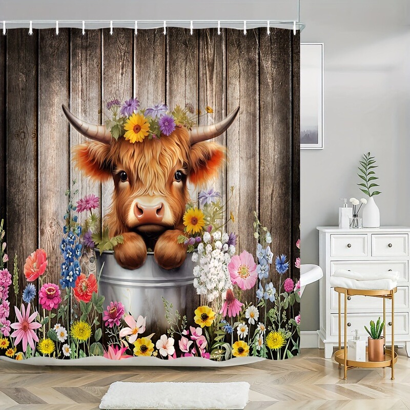 Cute Cow Shower Curtain Cow Rustic Wood Plank Colorful Flowers Daisy Flower Bath Curtain for Home Bathroom Shower Curtain