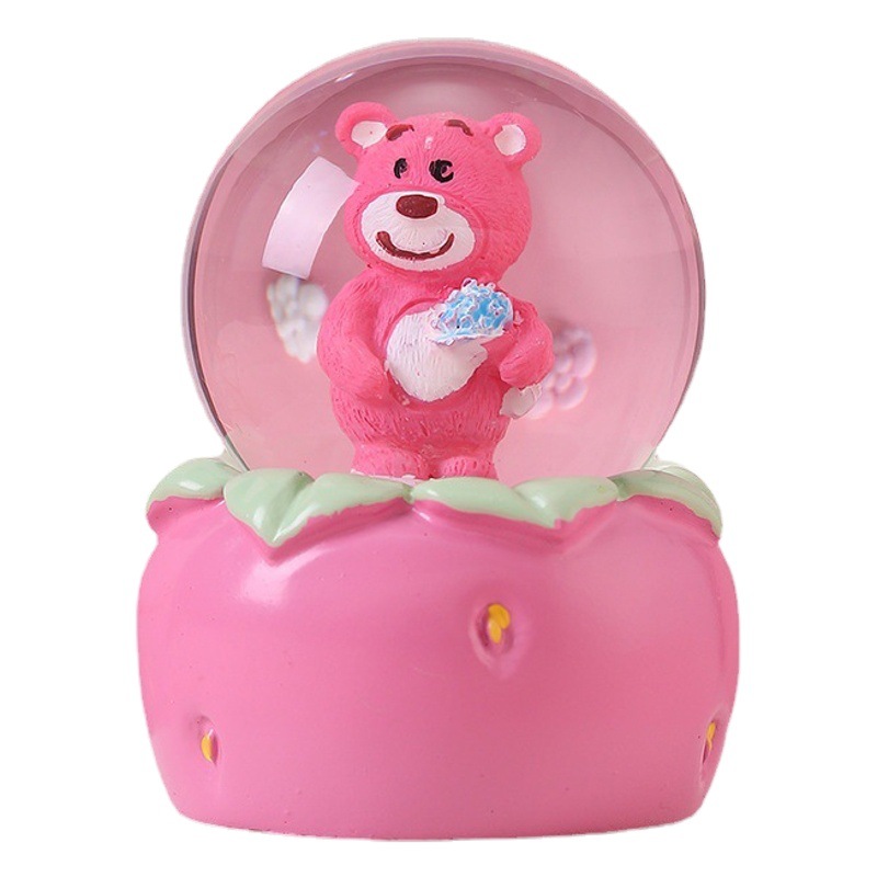 Nueva fresa oso bola de cristal resina decoración dibujos animados oso noche luz cristal agua bola sueño bola de cristal lentejuelas