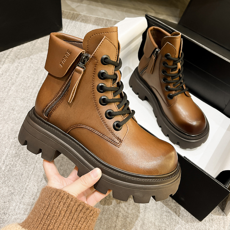 Thick-soled Martin Boots Women's 2023 New Winter Fleece-lined Fashion Mid-tube Short Boots British Style Vintage Spring and Autumn Single Boots