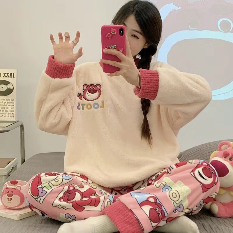Cross-Border Flannel Pajamas for Women Autumn and Winter Round Neck Long-Sleeved Cute Japanese Style Cartoon Students Warm Home Clothes Set