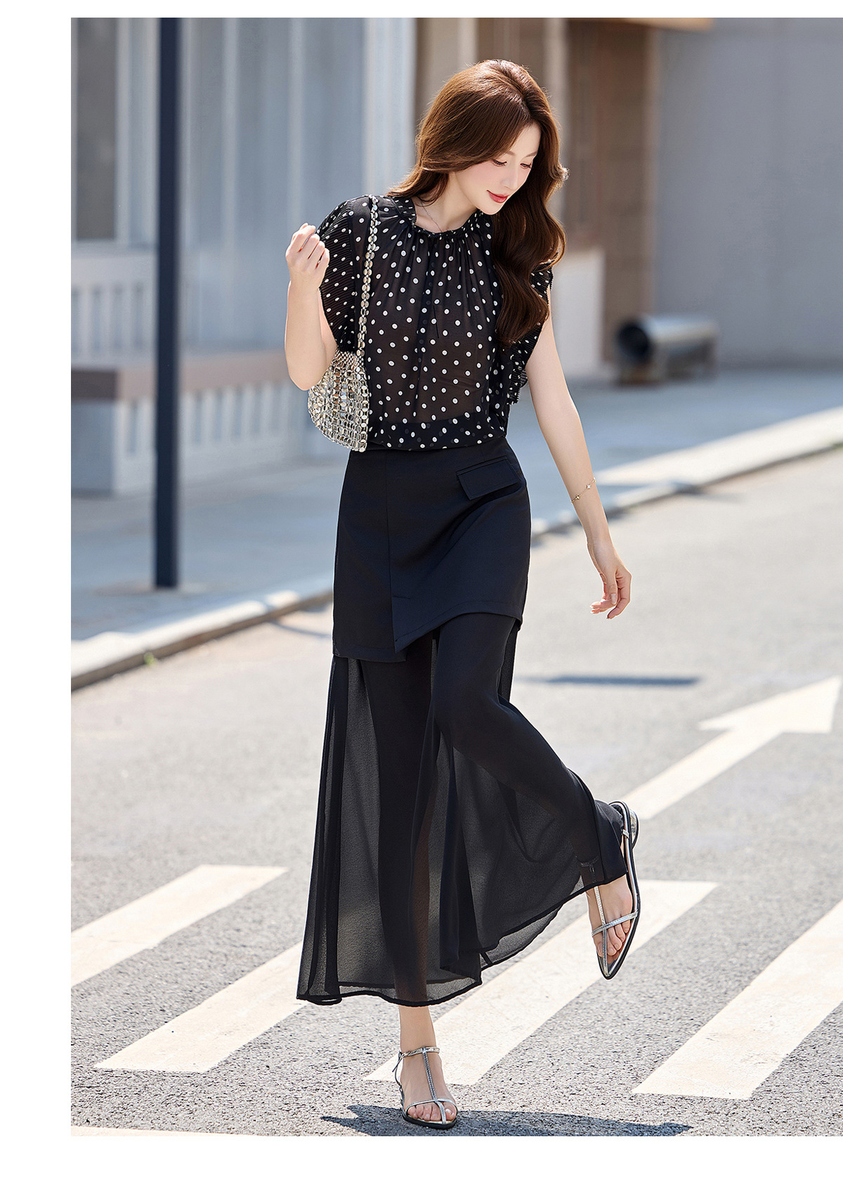 Set áo sơ mi chấm bi + chân váy midi suông rộng thiết kế thanh lịch 2026 — Màu ảnh chi tiết 17
