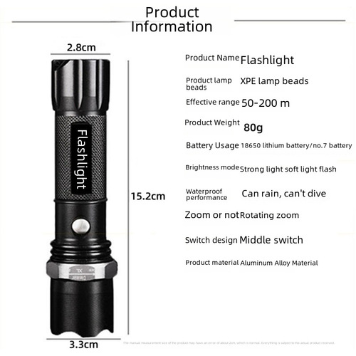 Strong Light Aluminum Waterproof Flashlight Household Three-Level Zoom Lighting LED Outdoor Long-Range Security Torch