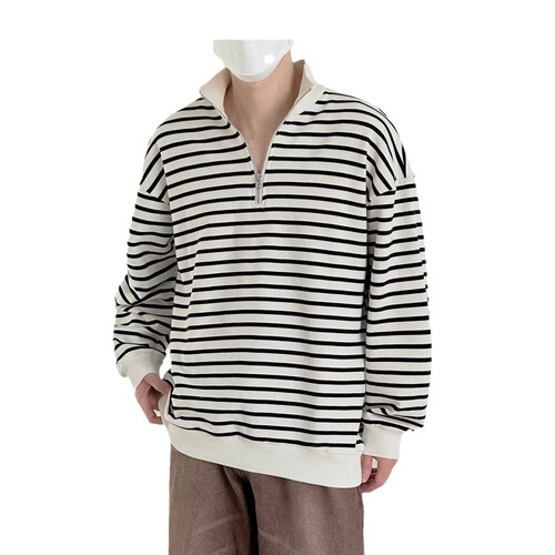 Men's Spring and Autumn Striped Half-Zip Stand Collar Sweatshirt, Ins Korean Version Fashion Loose Minimalist Long Sleeve T-Shirt Top