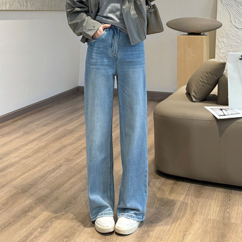 Dori Slim Fit Wide-Leg Pants [2 Lengths] Slimming and Leg-Flattering Light Blue Denim All-Season Straight-Leg Trousers