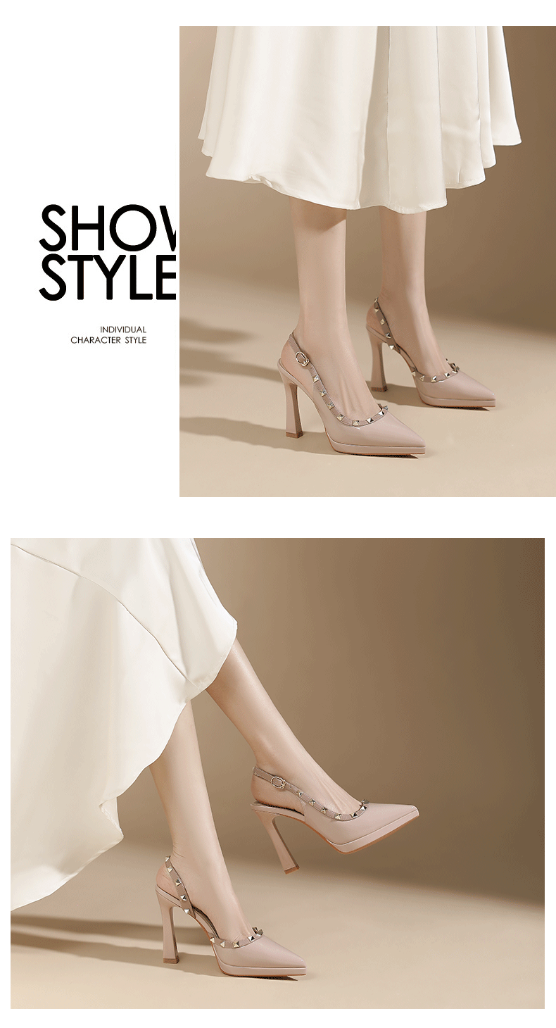 Sandal cao gót nữ mũi nhọn hở mũi, gót nhọn đinh tán, đế chống thấm nước — Xanh lam nhạt chi tiết 5