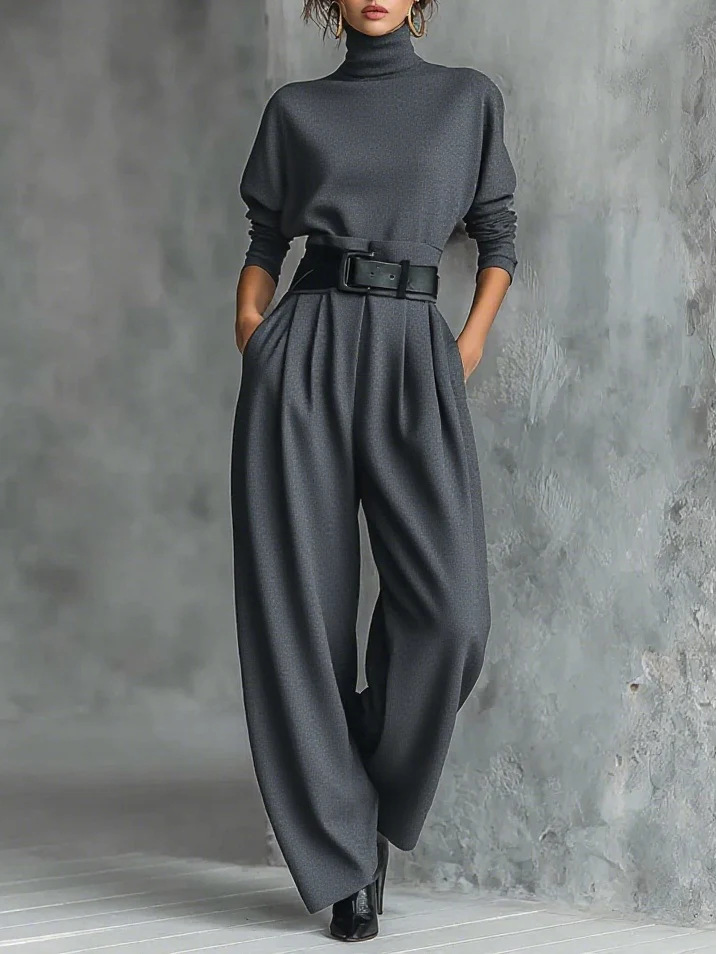Women's Clothing Women's High Neck Long Sleeve Trousers Set High Waist With Belt Casual Stylish Spring Autumn Suit Style_ecoleips.com