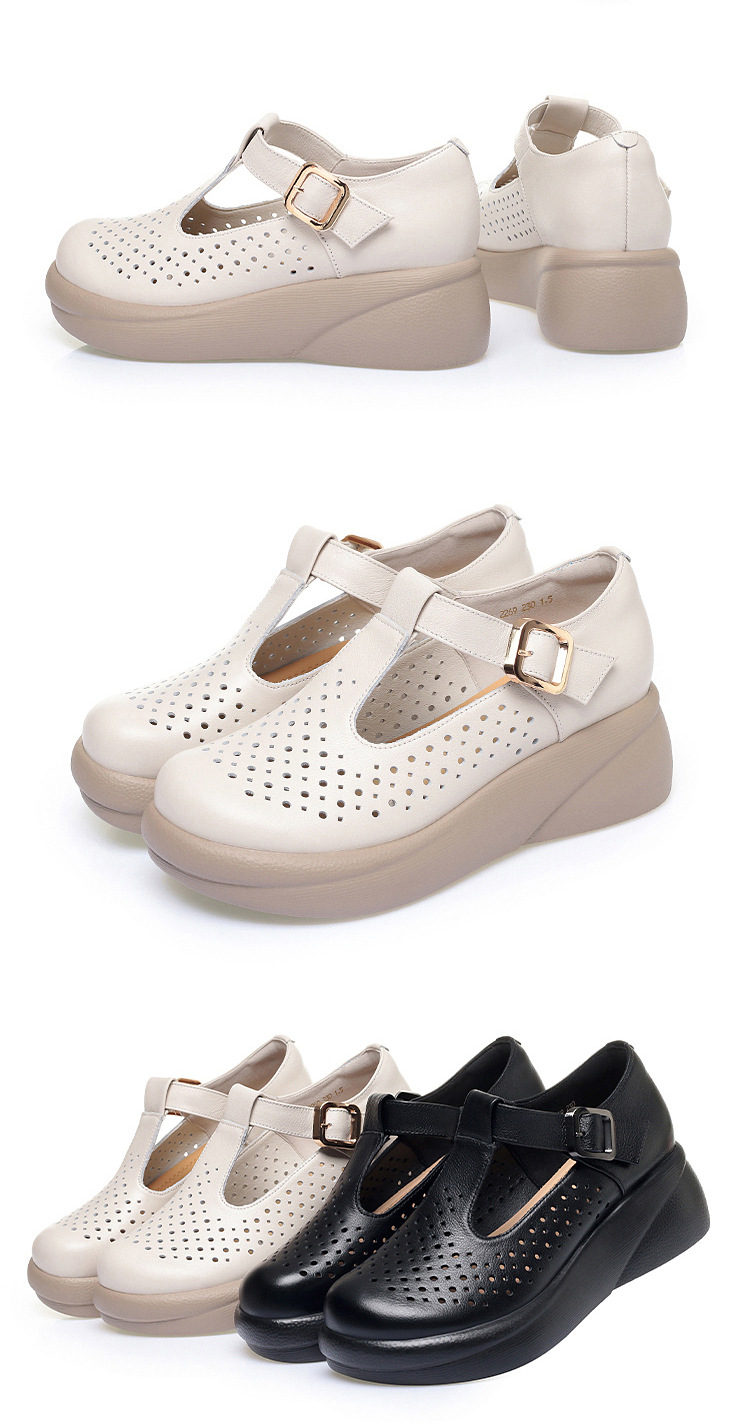 Sandal nữ đế xuồng cao gót hở mũi, quai ngang khóa kim loại, da thật mềm — Be【Lỗ】 chi tiết 13