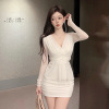 Autumn Women's New Bottom Skirt with Hip Wrap Short Skirt V-neck Long sleeved Waist Slim Fit Style Dress