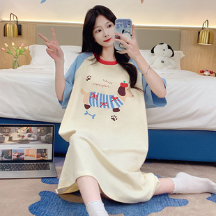 Nightgown Women's Summer Cute Imitation Cotton Short Sleeve Mid-length Dress Summer 2025 New Arrival Pajamas Home Clothes