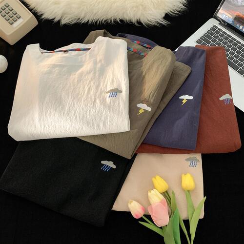 Embroidered cotton linen short-sleeve T-shirt for men, summer thin version, Japanese style loose large size clothing, trendy brand linen half-sleeve T-shirt