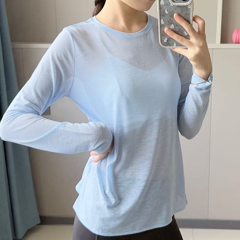 Slightly See-Through Bamboo Yarn Long-Sleeved Yoga Blouse Sports Casual Loose Yoga Top Back Cross Hollow Yoga Wear for Women