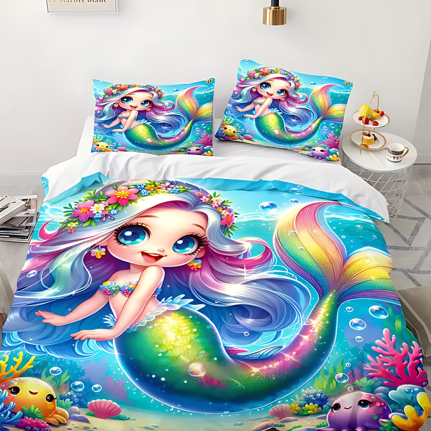 TEMU / JIT Moda encantadora sirena molida con patrón de colcha de colcha