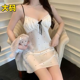 Plus-Size Sexy Nightgown for Women with Ice Silk, Chest Pad, Printed Pure Desire Style, Thin Silk Camisole Nightdress Loungewear
