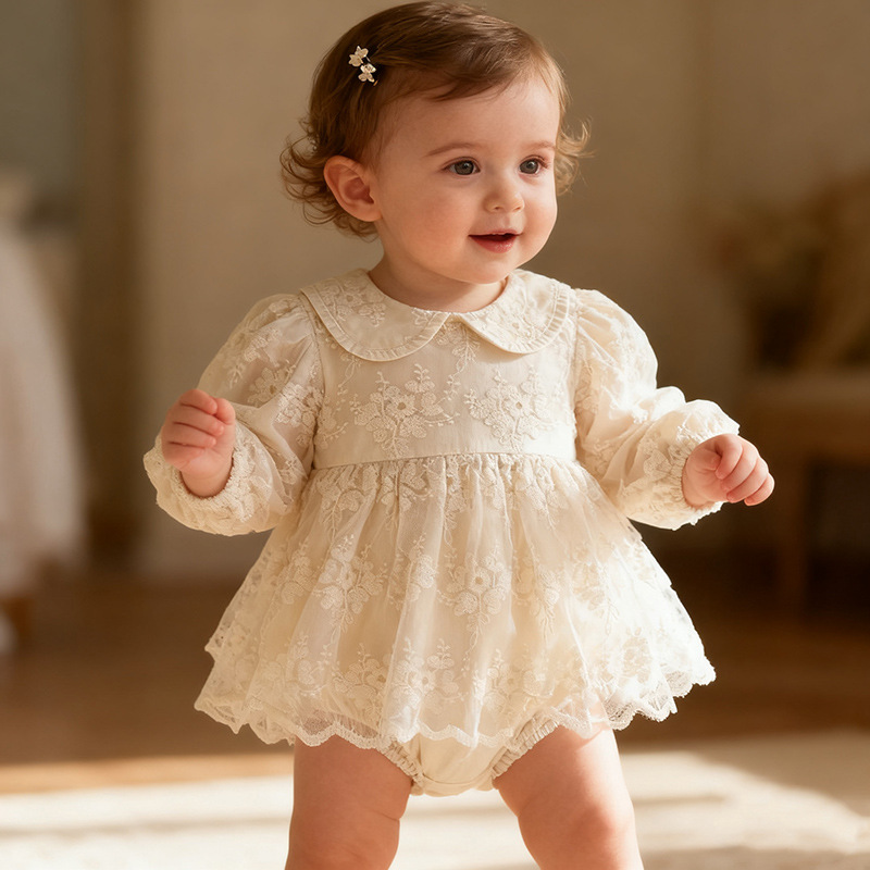 Spring and Autumn Baby Clothes, Baby Girl's Princess Dress, Mesh One-Year-Old Dress, Newborn Jumpsuit