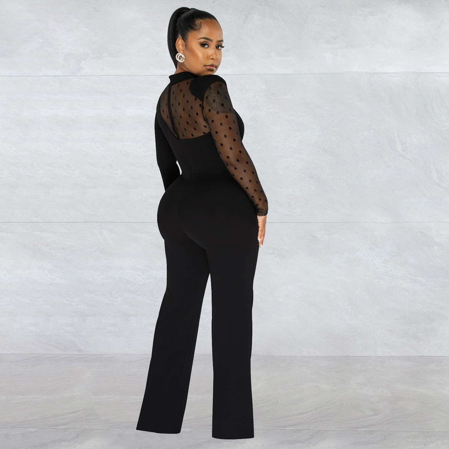 Women's Clothing fashion women's polka dot mesh see-through long-sleeved trousers solid color jumpsuit_voghion.com