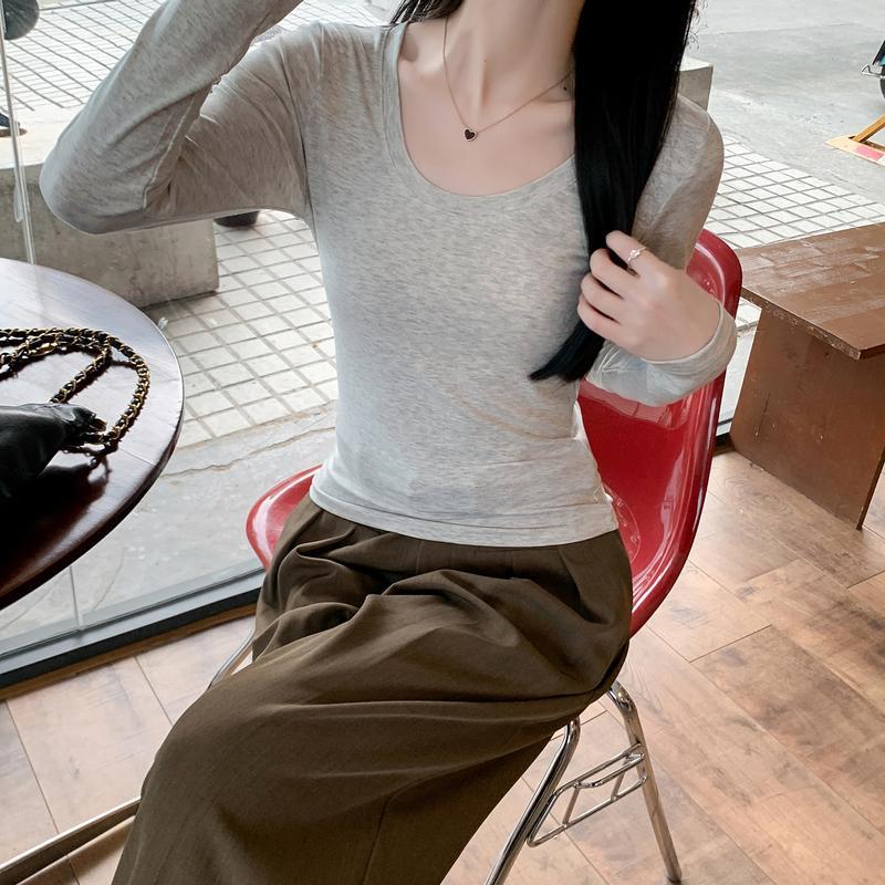 2025早秋长袖t恤女U领修身正肩纯色显瘦上衣冬季基础款内搭打底衫|undefined