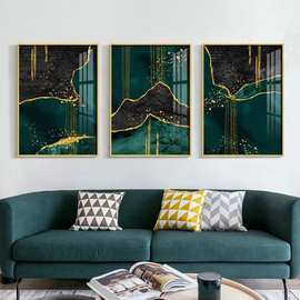 现代简约三拼绿色金箔线条 喷绘画 创意沙发背景墙装饰画挂画油画