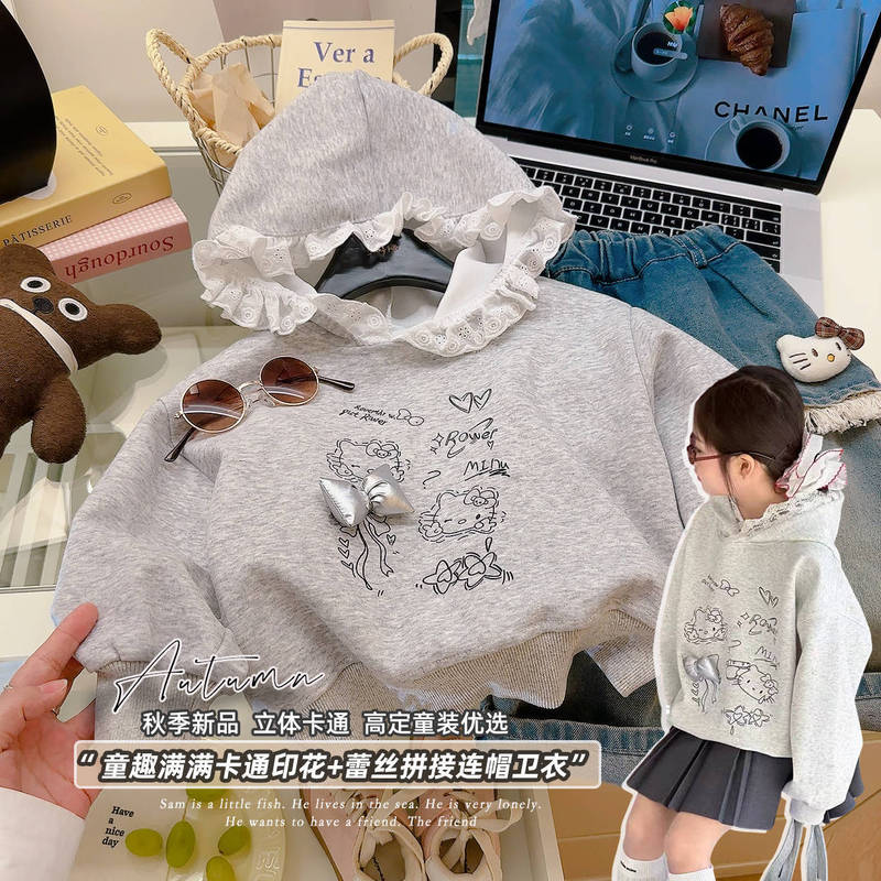 儿童卫衣2025秋季休闲百搭蝴蝶结拼接蕾丝休闲连帽衣服批发|undefined