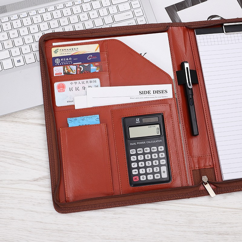 계산기 보드 폴더가있는 다기능 PU 비즈니스 사무실 폴더 A4 가죽 관리자 폴더 폴더는 로고를 인쇄 할 수 있습니다.