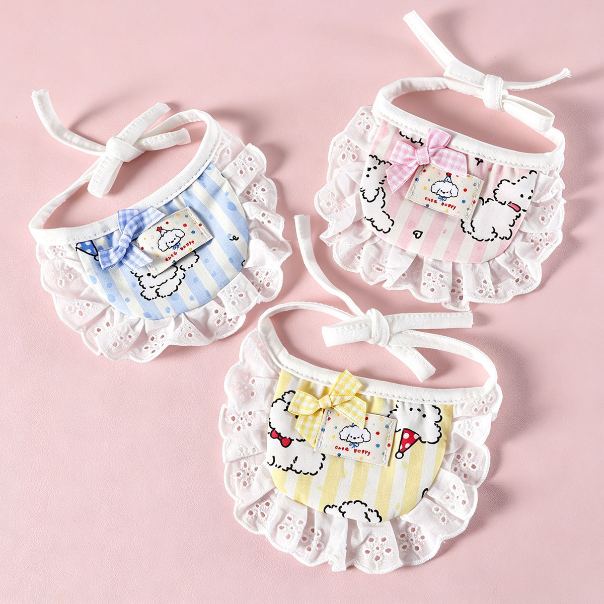 Pet bib dibujos animados rayas perros patrón de encaje decoración de encaje adorable mascota vestir con toallas de saliva foto image 3