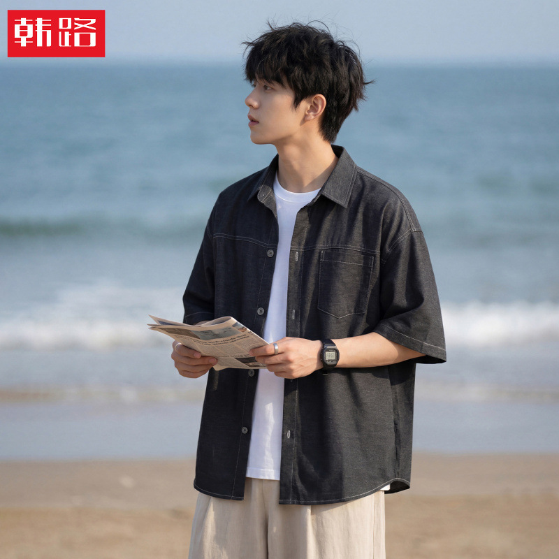 Retro Casual Imitation Denim Short-Sleeved Shirt for Men, Summer Thin Breathable Loose Style with Visible Stitching Trendy Brand Shirt Jacket Retro Casual Imitation Denim Short-Sleeved Shirt for Men, Summer Thin Breathable Loose Style with Visible Stitching Trendy Brand Shirt Jacket