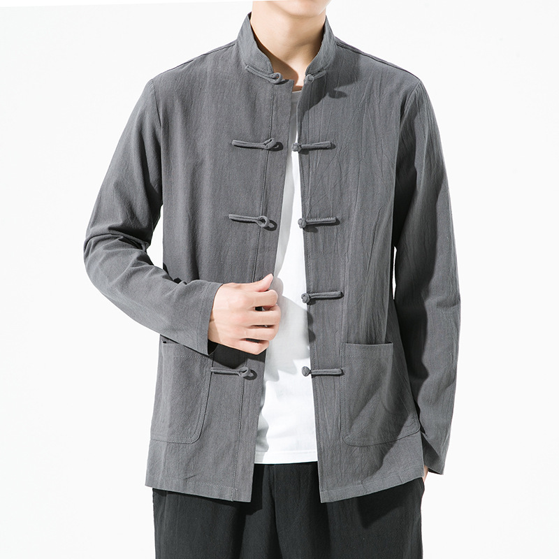 Camisa de traje Tang de manga larga casual de primavera y otoño de estilo chino Camisa de té suelta retro de estilo chino Túnica de túnica de color sólido para hombre