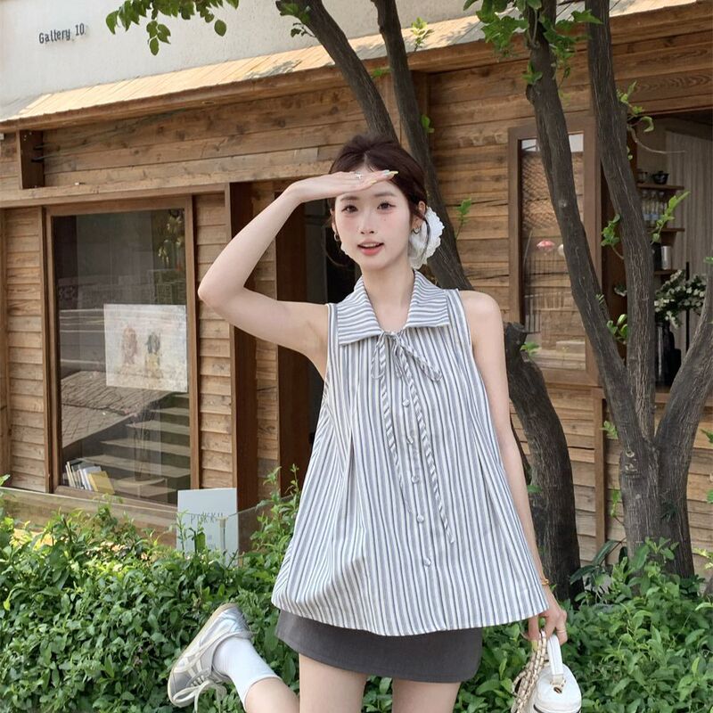 Design of French-Style High-End Striped Bowknot Shirt, 2026 Summer New Sleeveless Slimming Tank Top for Women Design of French-Style High-End Striped Bowknot Shirt, 2026 Summer New Sleeveless Slimming Tank Top for Women