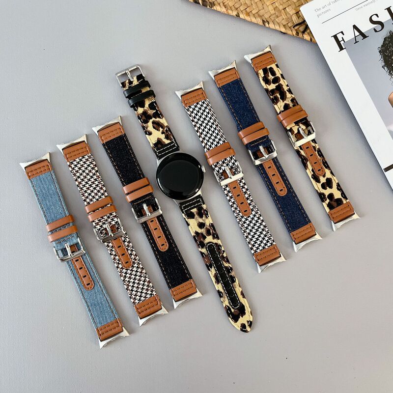 Suitable for Google Pixel Watch 4 Watch Strap Canvas Denim Fabric with Leather Houndstooth Pattern 3 Leather Material Suitable for Google Pixel Watch 4 Watch Strap Canvas Denim Fabric with Leather Houndstooth Pattern 3 Leather Material