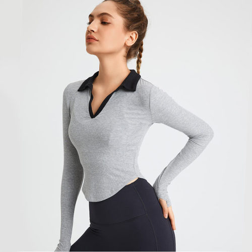 Lapel Contrast Color Sports T-shirt Women's V-neck Tight Long Sleeve Fitness Wear Arc Hem Running Breathable Stretch Yoga Wear