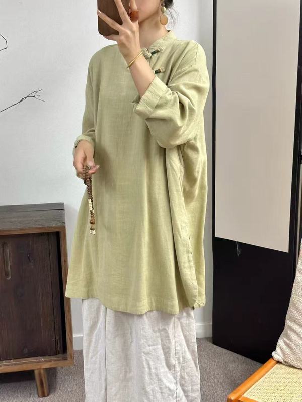 秋季新款时尚宽松复古港风休闲中国风立领中长款复古通勤连衣裙|undefined