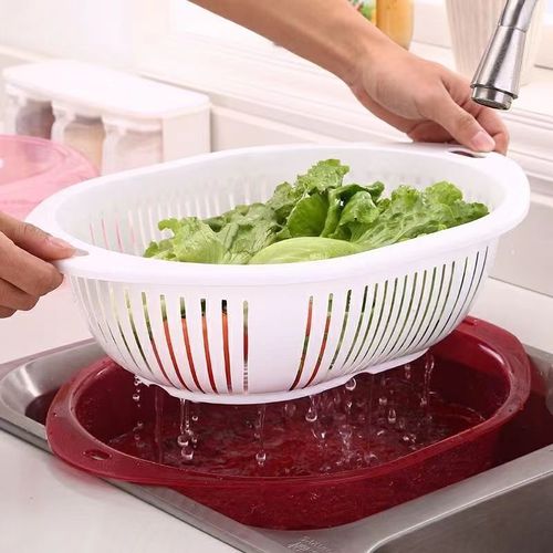 Kitchen drain bowl rack plastic bowl cabinet double-layer with lid fruit basket drain basin fruit and vegetable cleaning basket