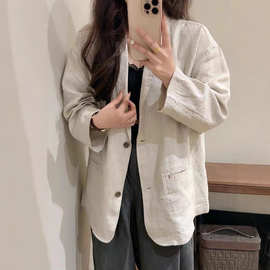 2025秋季新款亚麻短款外套女文艺休闲通勤西装领宽松长袖开衫上衣