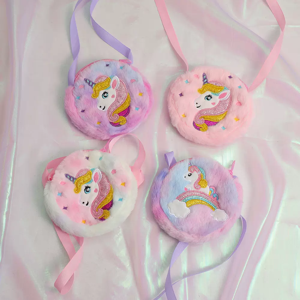 2025新款卡通独角兽圆形单肩包幼儿园女童斜挎包可爱毛绒零钱包